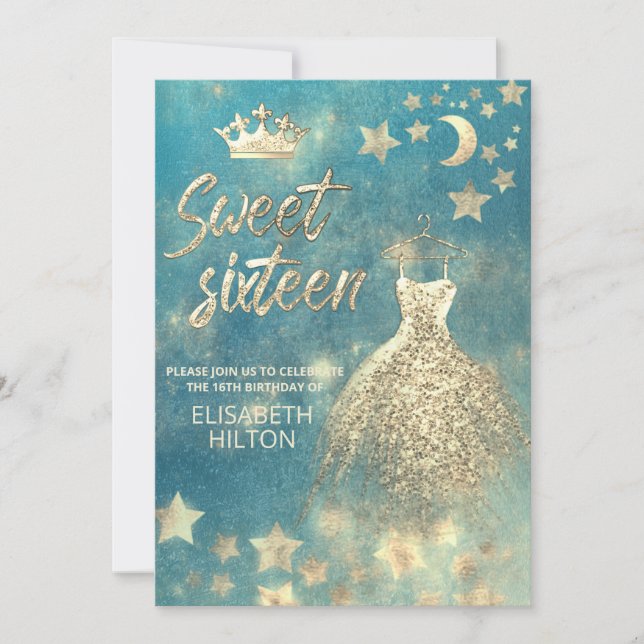 Blå coola celestial måne och stjärnor sweet sixtee inbjudningar (Framsida)
