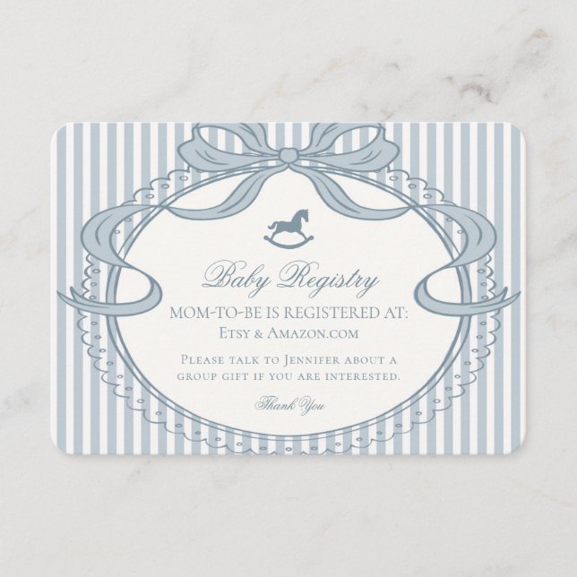 Blå Coquette Bow Gunghäst Babypresentregistret Tilläggskort (Framsida)