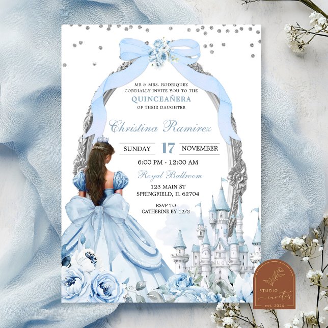 Blå Coquette Bow Sagolikt Slott Quinceanera  Inbjudningar (Skapare uppladdad)