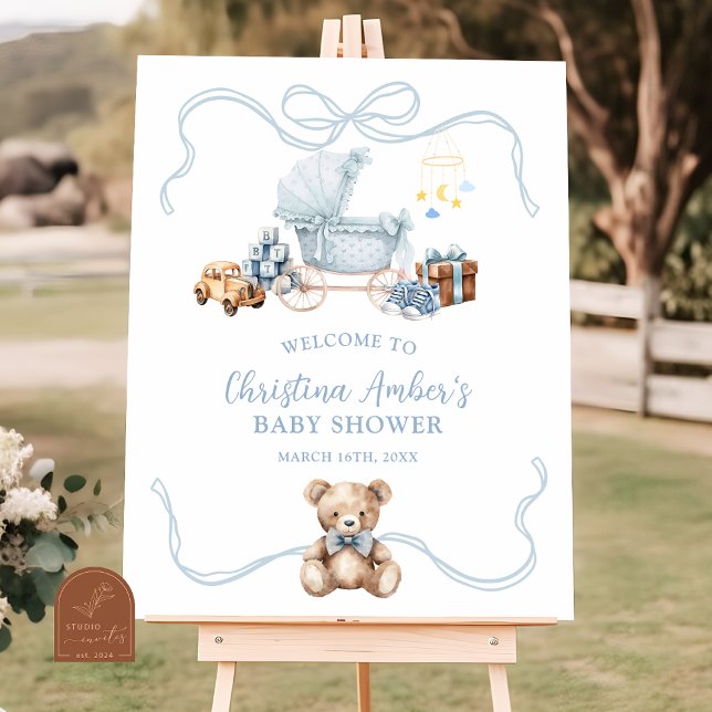 Blå Coquette Vagn Bebis Shower Välkomstskylt Poster (Skapare uppladdad)