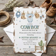 Blå cowboy-klädstreck för babypojke - inbjudan til