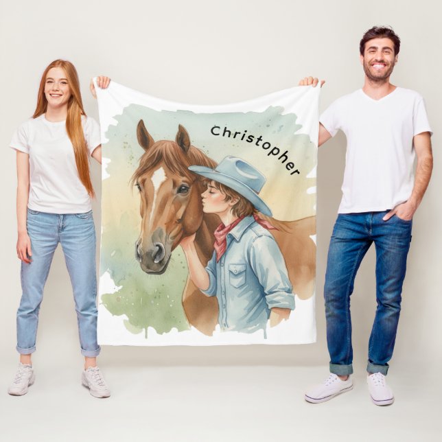 Blå Cowboy Kyssar En Häst Födelsedagspresent Fleecefilt (På plats)