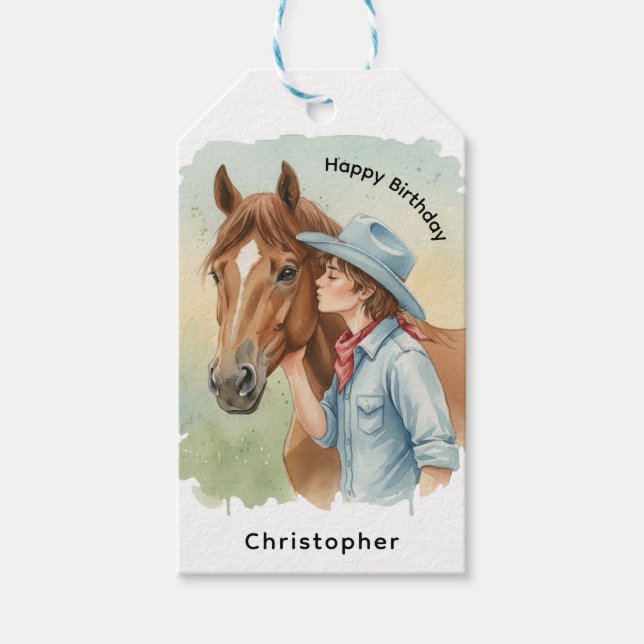 Blå cowboy kysser en häst födelsedags tack presentetikett (Framsidan)