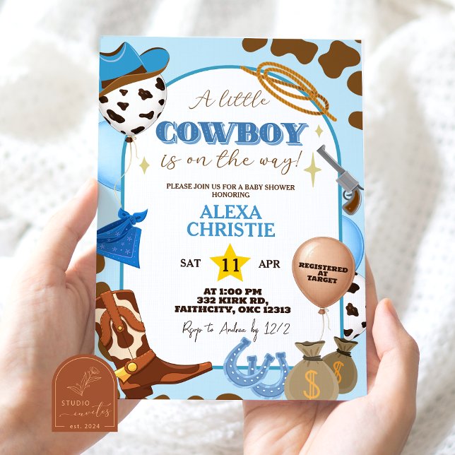 Blå Cowboy Pojke Bebis Shower Inbjudan (Skapare uppladdad)