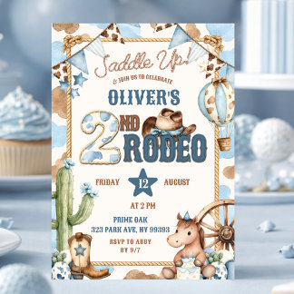 Blå Cowboy Saddle Up Andra Rodeo Födelsedag Inbjudningar