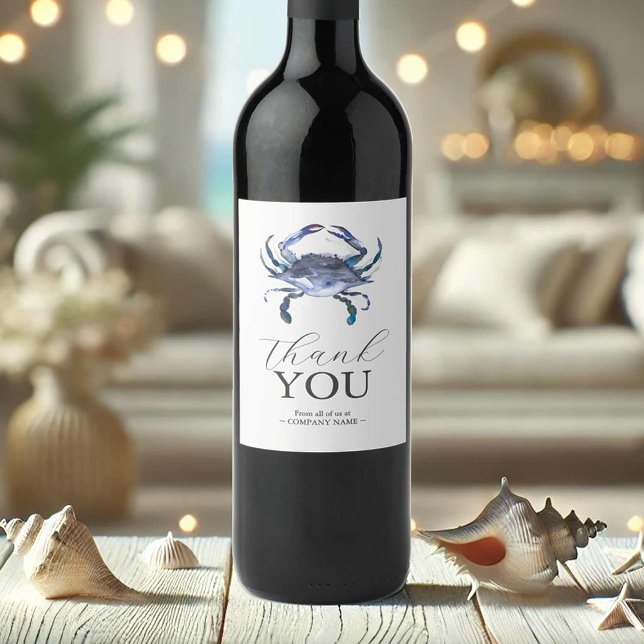 Blå Crab Vin-etikett Tack Vinflaska Etikett (Wedding wine labels thank you with watercolor blue crab art by Victoria Grigaliunas DoTellABelle)