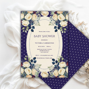 Blå & Crème Polkagris Blommig Elegant Bebis Shower Inbjudningar