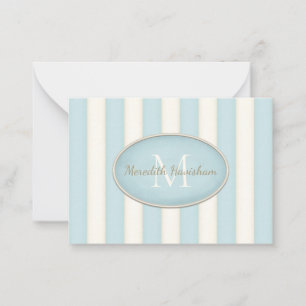 Blå & Crème Ränder Oval Ram Monogram Anpassad Anteckningskort