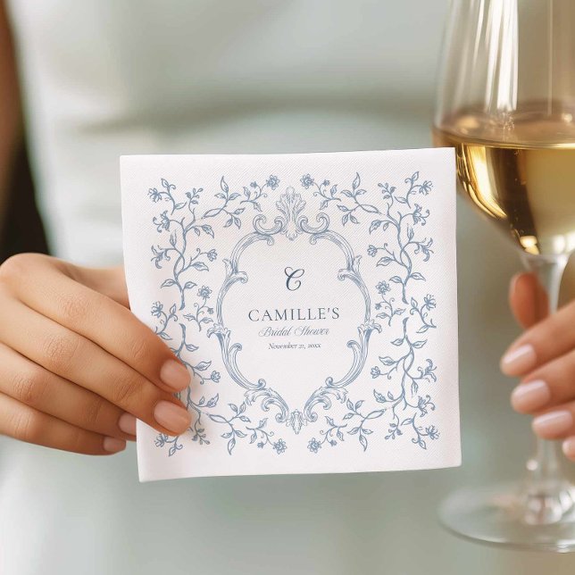 Blå Crest Bröllopsdusch Cocktail Servetter (Blue Crest Monogram Bridal Shower Paper Napkins)