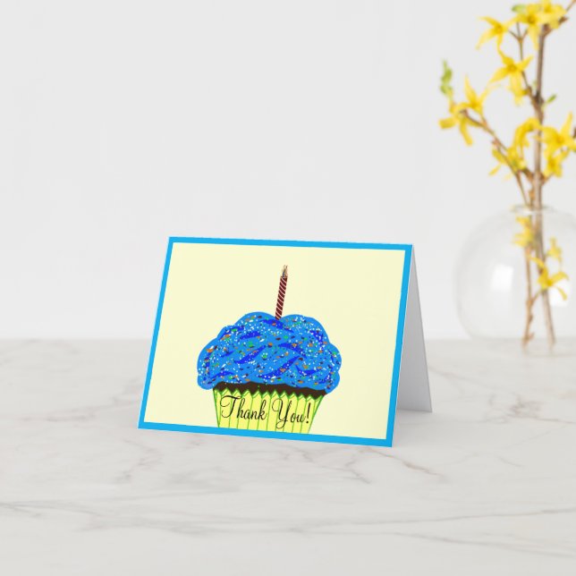Blå Cupcake Ballonger Födelsedag Tack Kort (Gul blomma)