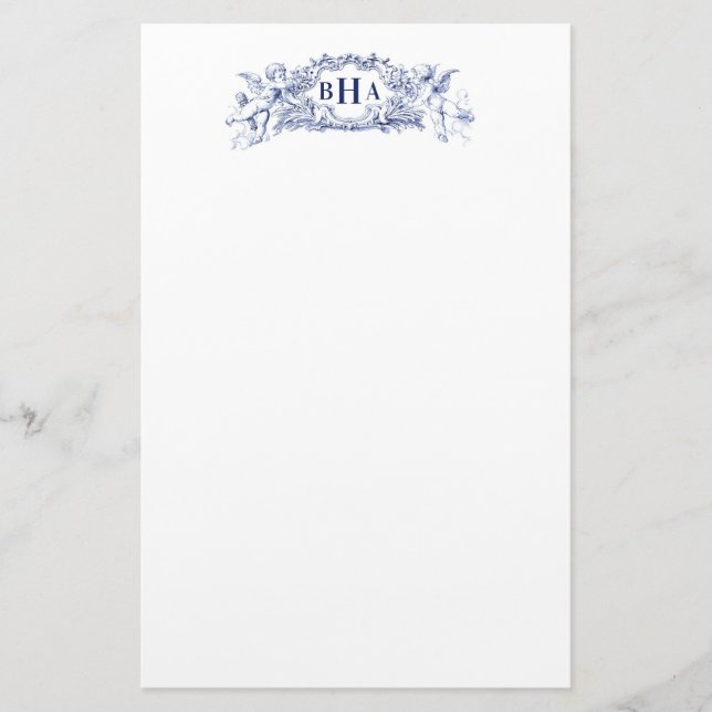 Blå cupider och monogram brevpapper (Framsida)