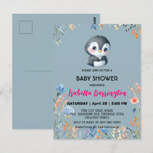 Blå Cute Pingguin (söt blomma, babyduschbarn) Vykort