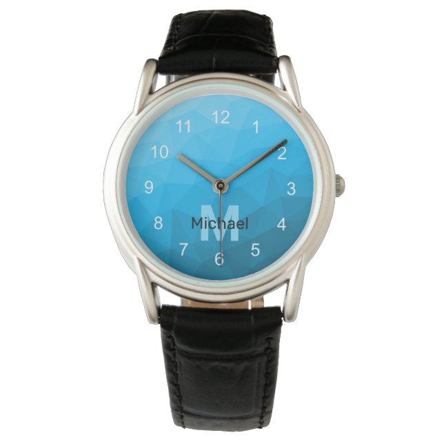Blå cyan gradient geometrisk nätmönster Monogram Armbandsur (Framsida)