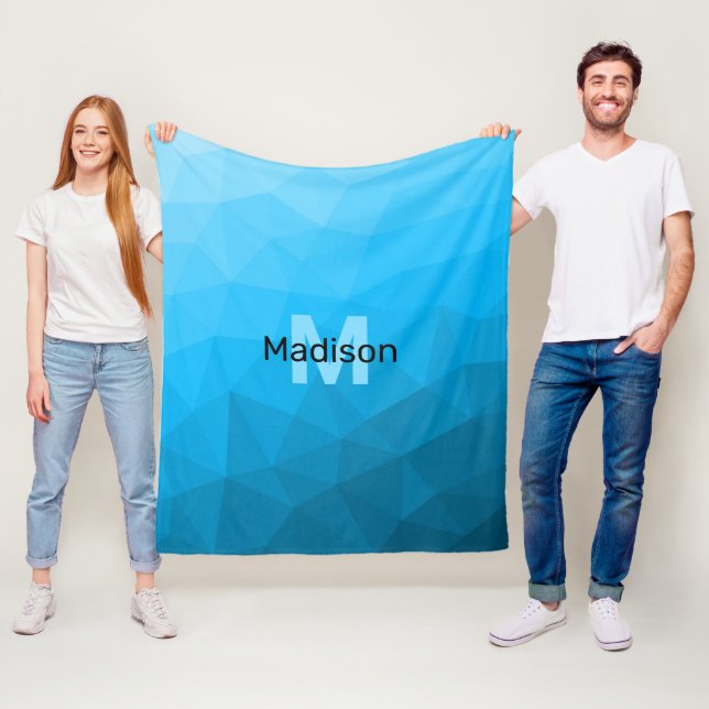 Blå cyan gradient geometrisk nätmönster Monogram Fleecefilt (På plats)