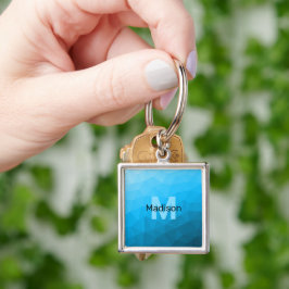 Blå cyan gradient geometrisk nätmönster Monogram Fyrkantig Silverfärgad Nyckelring