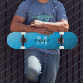 Blå cyan gradient geometrisk nätmönster Monogram Mini Skateboard Bräda 18,5 Cm