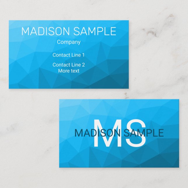 Blå cyan gradient geometrisk nätmönster Monogram Visitkort (Fram/baksida)