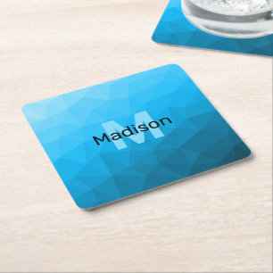 Blå cyan gradient geometriskt nätmönster Monogram Underlägg Papper Kvadrat