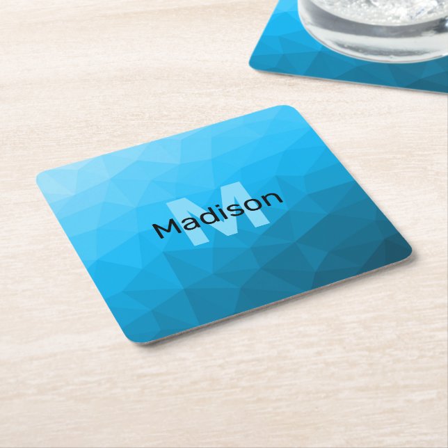 Blå cyan gradient geometriskt nätmönster Monogram Underlägg Papper Kvadrat (Vinklad)