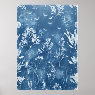 Blå Cyanotype Tång Botaniskt Journal Konst Poster