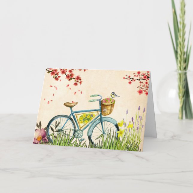Blå cykel Basket i blommor och Gult fåglar Kort (Framsida)