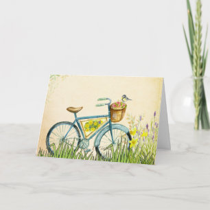 Blå cykelblommor och fågelfåglar i Gult Basket och Kort