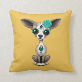 Blå Dag Av De Döda Socker Skalle Chihuahua Valp Kudde
