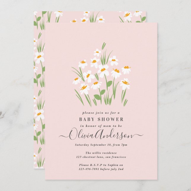 Blå daisy blommigt elegant vacker babydusch inbjudningar (Fram/baksida)