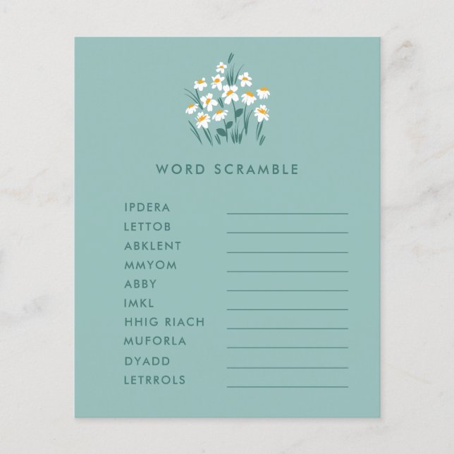 Blå daisy blommigt - vacker babyduschspelsbonde flygblad (Framsidan)