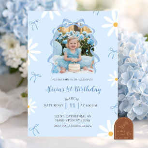 Blå Daisy Coquette Flicka 1-årsdag med foto Inbjudningar