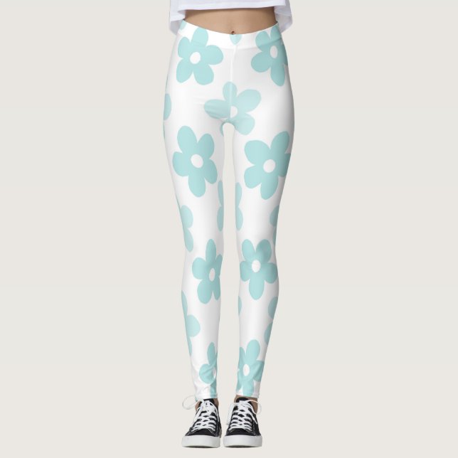Blå Daisy Flowers Retro Mönster Leggings (Framsida)