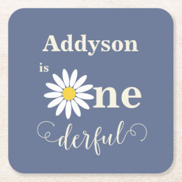 Blå Daisy - första födelsedag Underlägg Papper Kvadrat