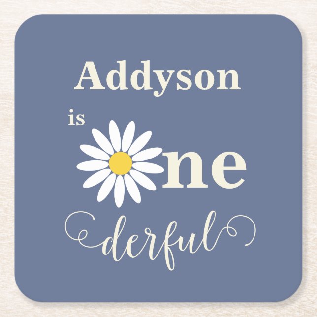 Blå Daisy - första födelsedag Underlägg Papper Kvadrat (Framsidan)