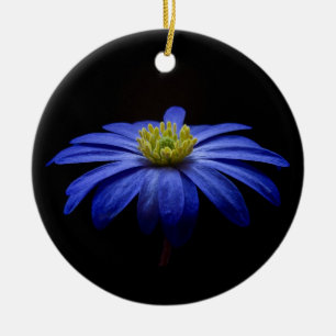 Blå Daisy Gerbera Flower på svart bakgrund Julgransprydnad Keramik