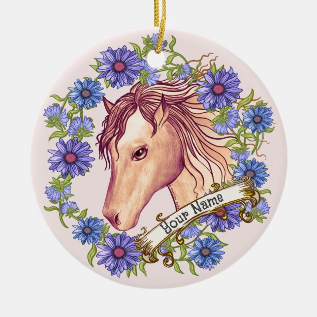 Blå Daisy Hästornament Julgransprydnad Keramik (Framsidan)