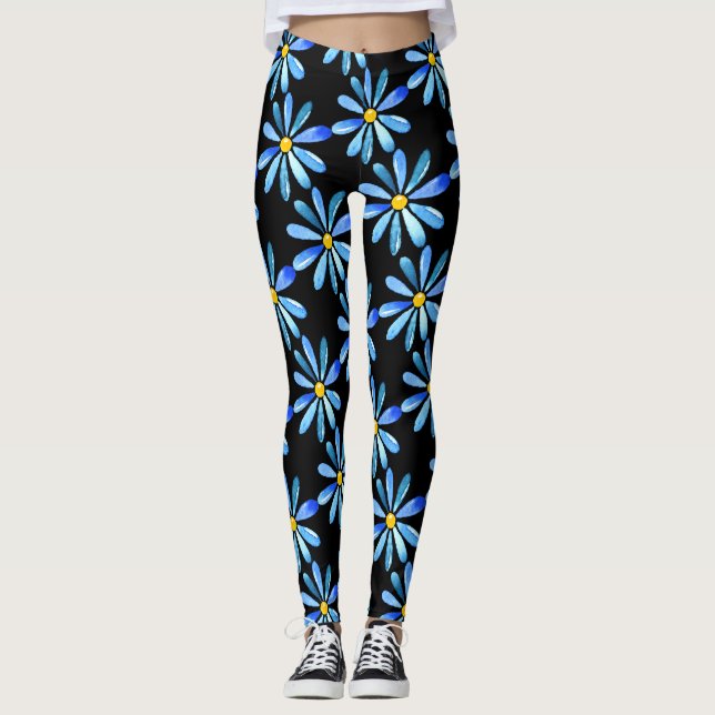 Blå Daisy på svart Anpassningsbar Leggings (Framsida)