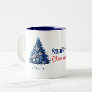 Blå Daisyn Julgran God jul Namn Två-Tonad Mugg