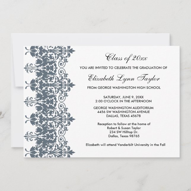 Blå Damask Avslutningskallelse Inbjudningar (Framsida)