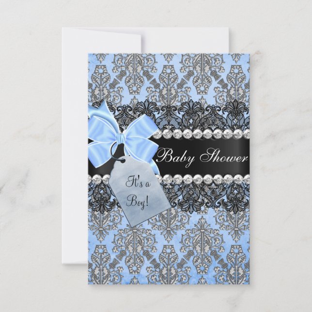 Blå Damask & Bow Pojke Baby Shower Inbjudan (Framsida)