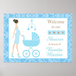 Blå Damask Brunett Pojke Baby Shower Poster