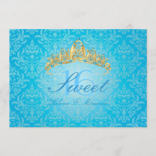 Blå Damask Första Balen/tiara/turkos inbjudningar