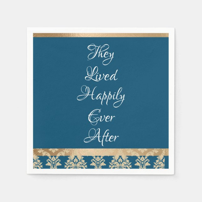 Blå Damask Guld Skrift Bröllop Pappersservett (Framsidan)