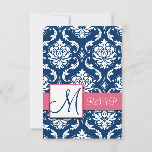 Blå Damask Initial RSVP-kort för fyrkantiga inbjud OSA Kort (Framsida)