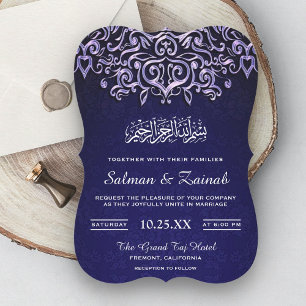 Blå Damask islamisk muslimsk bröllopsinbjudan Inbjudningar