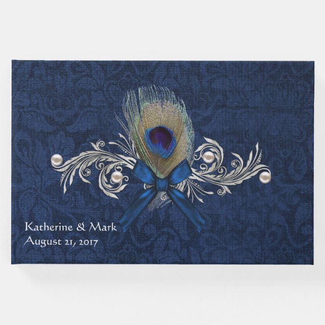Blå Damask och Peacock Feather Bröllop Guest Bok (Framsida)