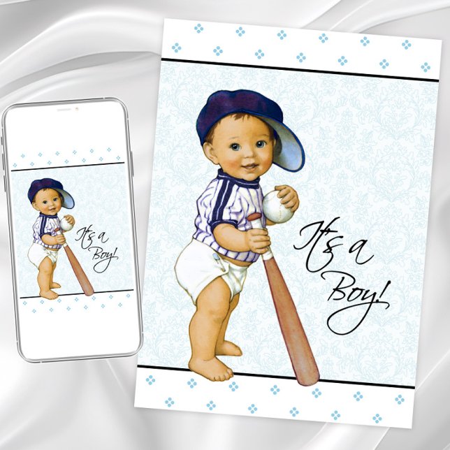 Blå Damask Pojke Baby Shower Inbjudningar (Sweet baseball baby shower invitation with adorable baby boy with baseball hat, bat and ball.)