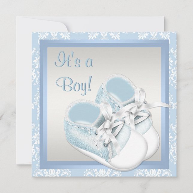 Blå Damasksko Blå Damask Baby Boy Shower Inbjudningar (Framsida)
