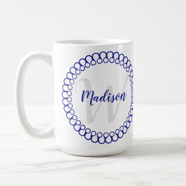 Blå dekorationscirkel Anpassa Monogram Mugg (Vänster)