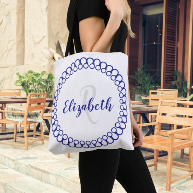 Blå dekorationscirkel Anpassa monogramverktyget Tygkasse (Blue Decorative Circle Personalize Monogram Tote Bag)