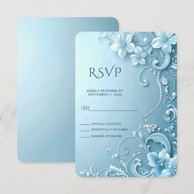 Blå Dekorativ Blommig RSVP-kort OSA Kort (Fram/baksida)